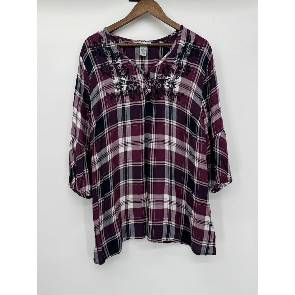 Catherines Plaid Flannel Blouse Floral Embroidery V-Neck 3/4 Sleeve Cottagecore